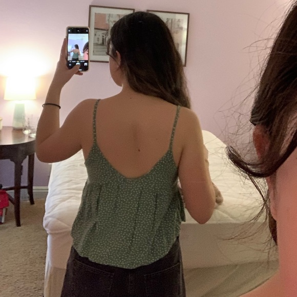 NECTAR CLOTHING SMALL GREEN WITH WHITE POLKA DOTS TANK TOP — TIE FRONT - Picture 2 of 4